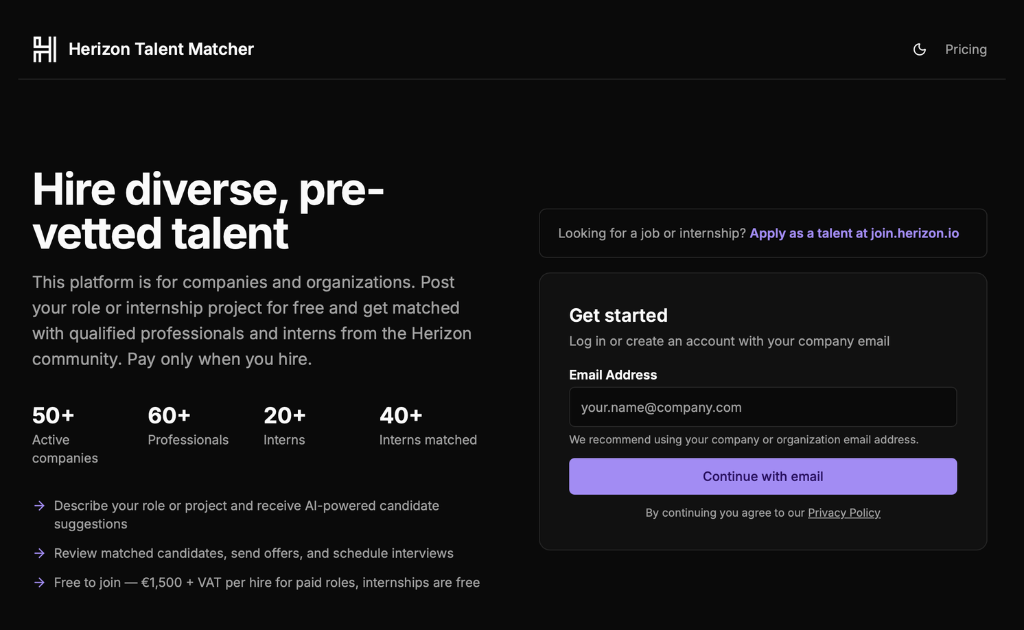 Herizon Talent Matcher landing page for companies: hire diverse, pre-vetted talent, with sign-up form and platform figures